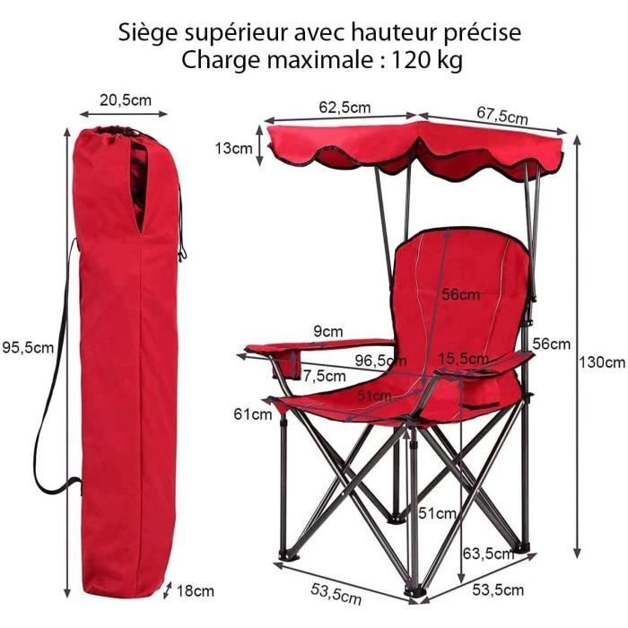 RELAX4LIFE Chaise de Camping Pliante avec Toit Parasol & Porte-Boisson, Chaise de Pêche en Cadre Métallique - Charge Max