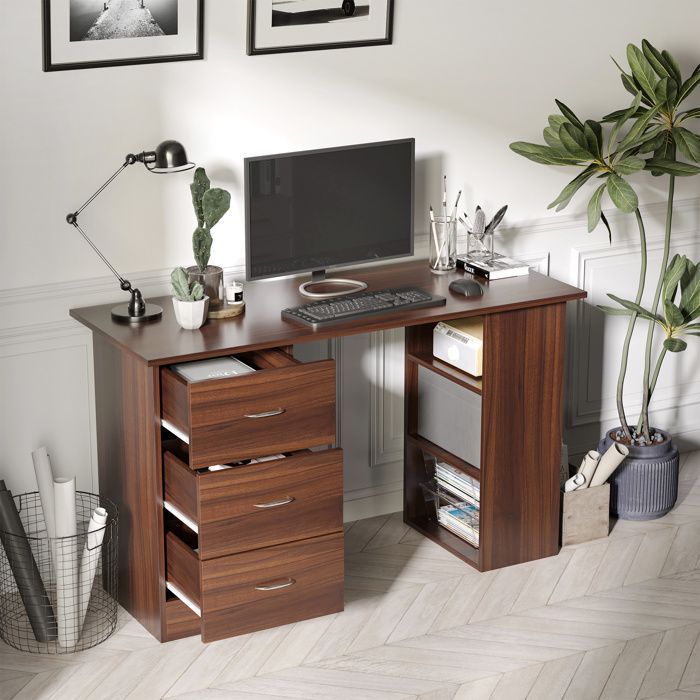 Computer desk - HOMCOM - 3 drawers, 3 shelves, reversible storage desk/study - Particleboard - walnut