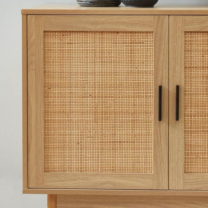 Aparador de dos puertas con rejilla natural - Acabado efecto madera - Ancho 90 x Profundidad 39,5 x Alto 75 cm - AMANA