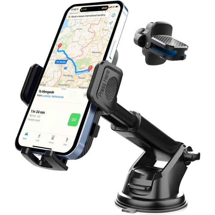 Support téléphone voiture ventouse + grille d’aération, rotation 360°, libération rapide, tableau de bord pare-brise
