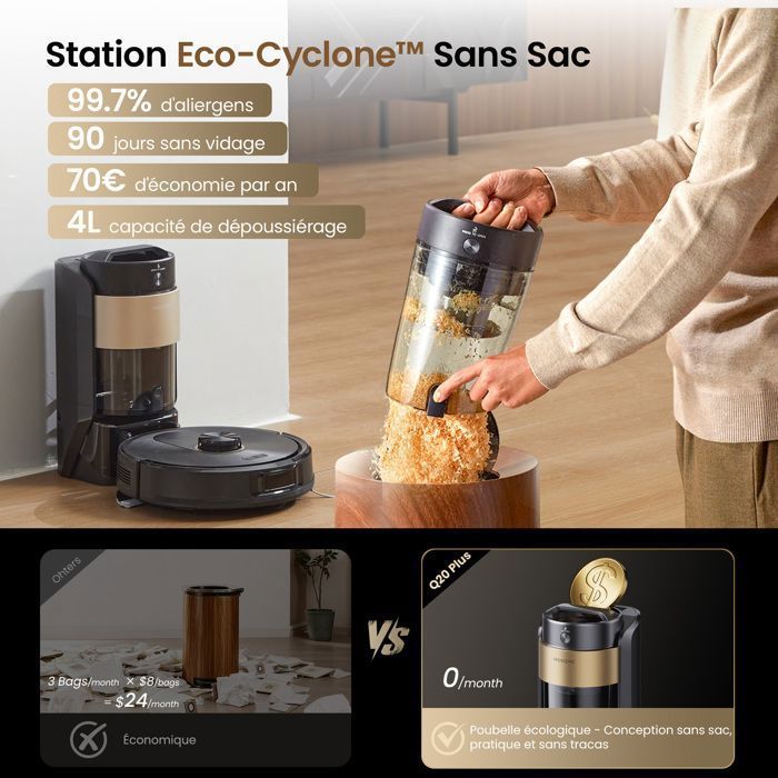 Robot aspirapolvere e lavapavimenti Proscenic Q20 Plus con stazione di ricarica senza sacco, 4 litri - 12000 PA - 200 minuti - Alexa/Google Home/iWatch - 2 in 1 per liquidi e solidi