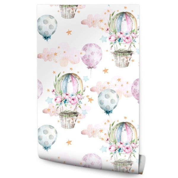 Tapeta Dla Dzieci Balony Kwiaty Chmury Gwiazdy
