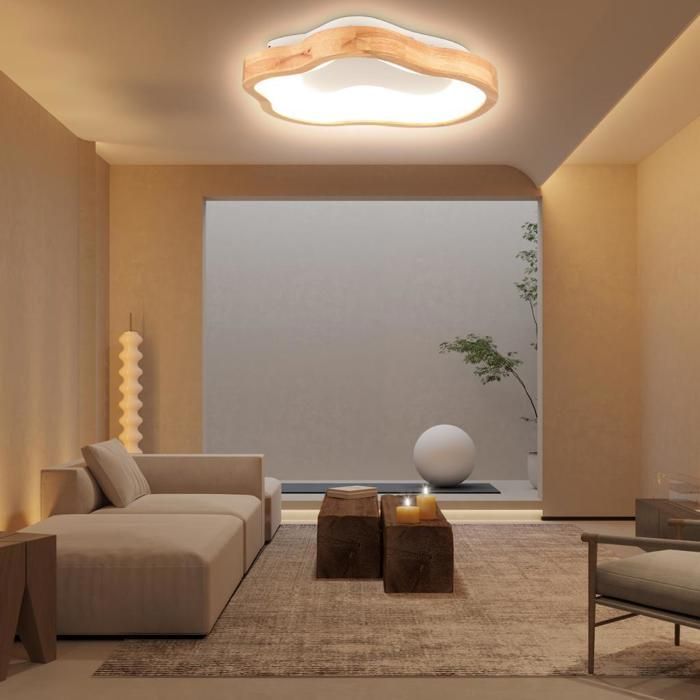 Lámpara de techo LED redonda de madera WOTTES - Ø40*7,5 cm - Blanco cálido - Lámpara de techo de madera con forma de nube - Para salón, cocina y baño