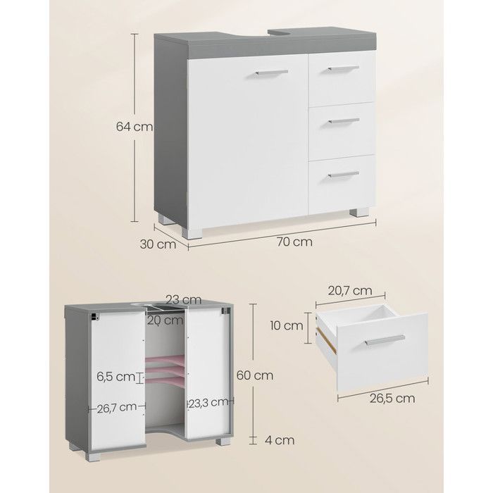 Vanity Unit - VASAGLE - 3 Side Drawers - 2 Compartments - White and Grey