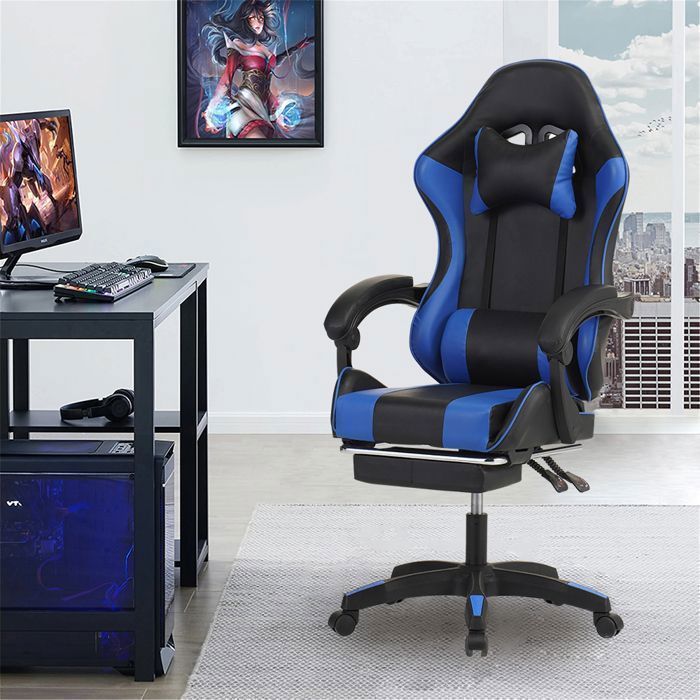 Sedia da gaming - Poggiapiedi telescopico - Poggiatesta - Supporto lombare - Portata massima 150 kg - Blu