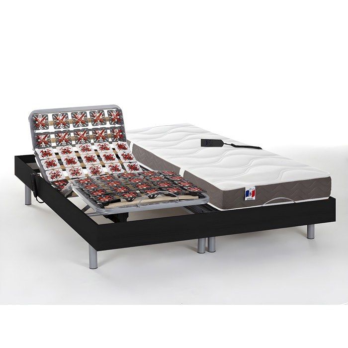 Cama eléctrica de relajación con base de láminas y colchón de látex 100% de 3 zonas - 2 x 90 x 200 cm - Negra - JUPITER by YSMÉE