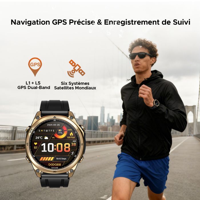 DOOGEE Anywise W1 Montre Intelligente – 5ATM Etanche, GPS Double Fréquence, 170+ Modes Sportifs, Écran AMOLED 1.43''-Or