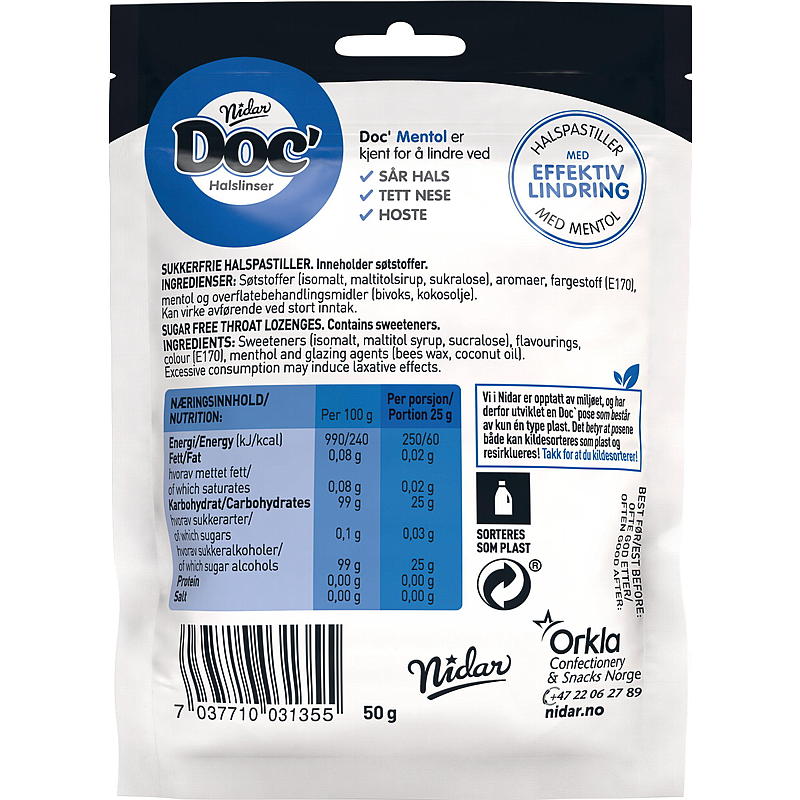 Nidar Doc halsdroppar 50 g Mentol