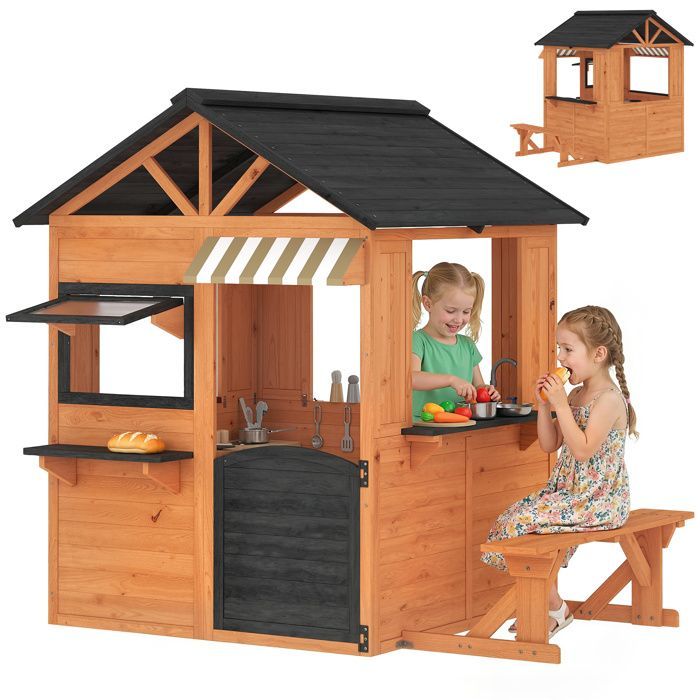 Houten speelhuisje voor buiten, speelkeuken voor binnen en buiten met ramen, deur en bankje, bruin