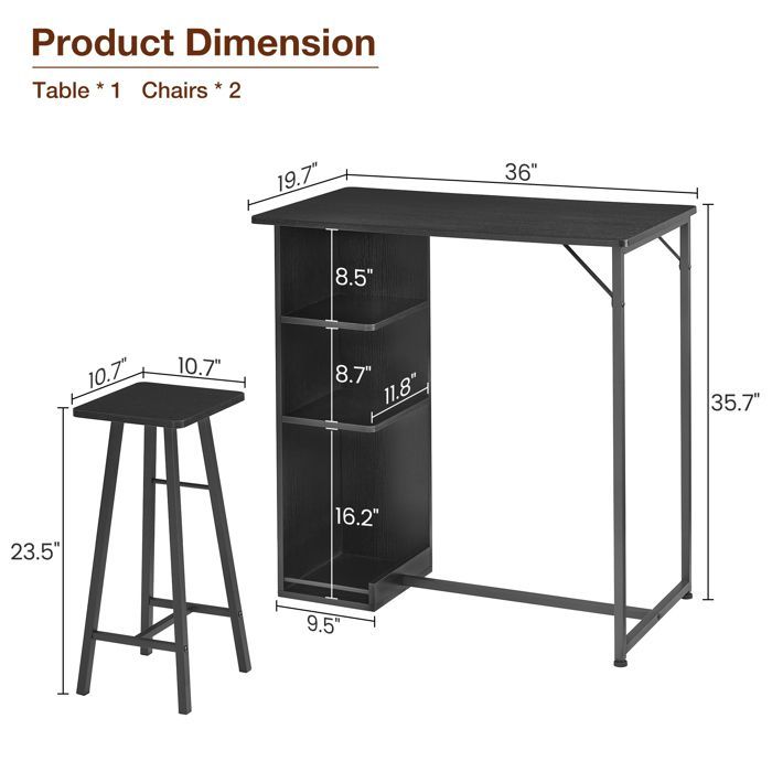 Juego de mesa de bar y 2 sillas - Juego de 1 mesa + 2 taburetes altos de bar - Sillas altas para mesa de bar de cocina, color negro