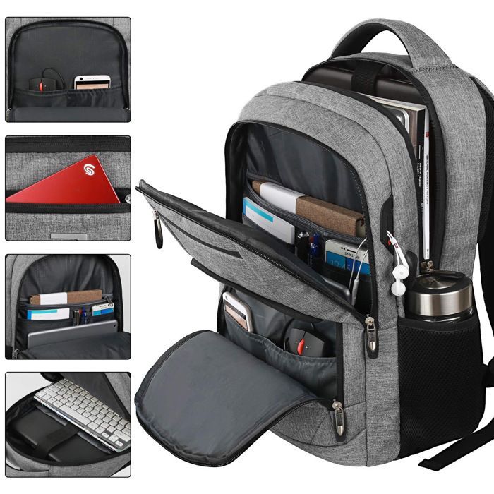 Sac a dos technique 17.3 Pouces Imperméable, Grande capacité de rangement, avec Port USB - Gris
