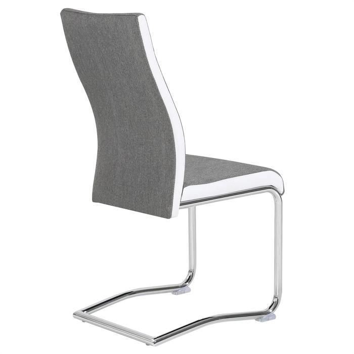 Juego de 4 sillas ALBA para comedor o cocina con asientos acolchados y patas cromadas, tapizadas en tela gris y blanca.