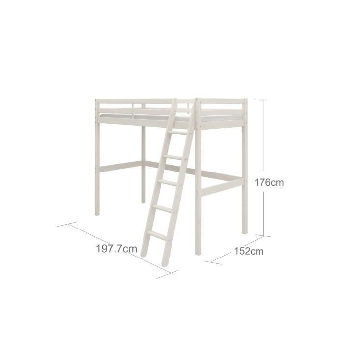 Lit mezzanine enfant - ERIKA - Pin massif blanchi - Sommier inclus - 90 x 190 cm