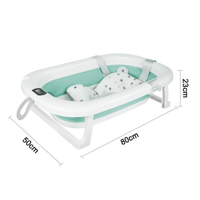 Bañera plegable para bebé con cojín y termómetro incorporado - Bañera infantil con soporte - 76*45*18 cm - Verde