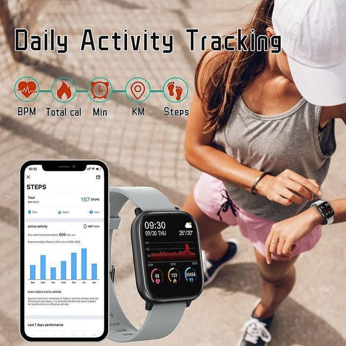 Montre Connectée, Tracker Activité, Moniteur Fréquence Cardiaque - Argent