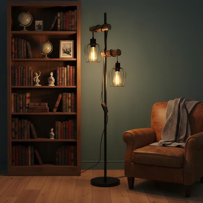 Vloerlamp - NETTLIFE - 2 metalen en houten lampen - E27 - Hoogte 151 cm - Zwart