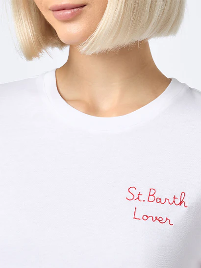 Emilie dames T-shirt met ronde hals van katoenen jersey met Stres-borduurwerk.