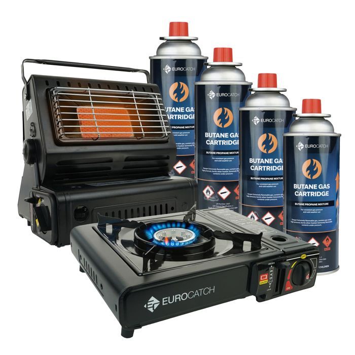 Fogão e aquecedor a gás Eurocatch - Conjunto para camping - inclui 4 cartuchos