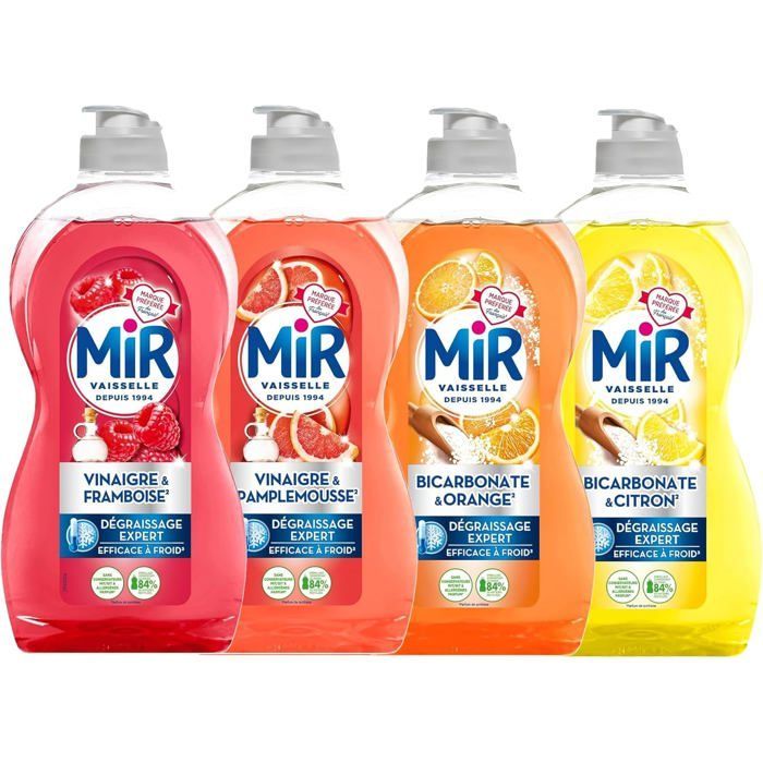 Detersivo per piatti - Mir - Confezione da 4 - Aceto e bicarbonato - Lampone, Pompelmo, Arancia, Limone