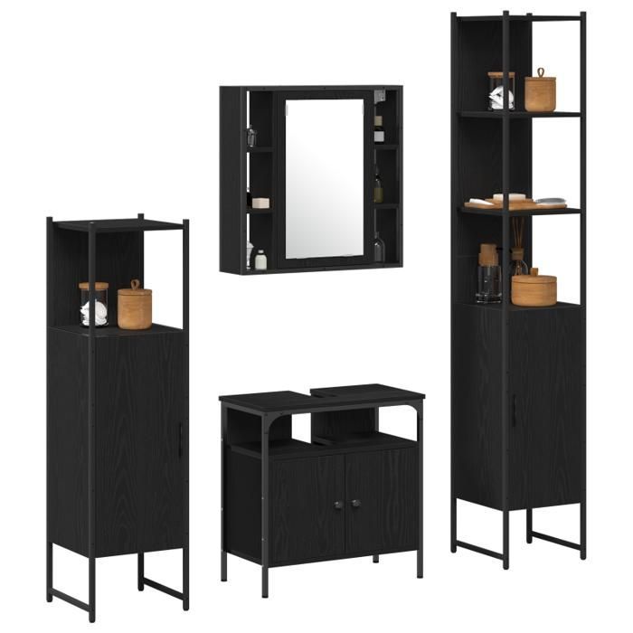 Conjunto de muebles de baño - Roble negro - 4 piezas - Estilo contemporáneo - Acabado mate