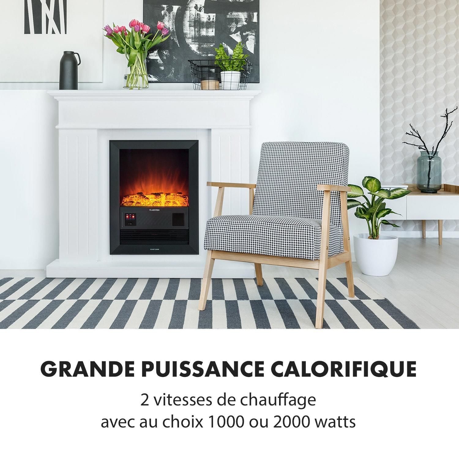 Chimenea eléctrica Klarstein Chamonix con calefactor de ventilador, 2000 W, para 40 m², temporizador semanal, mando a distancia - Blanca