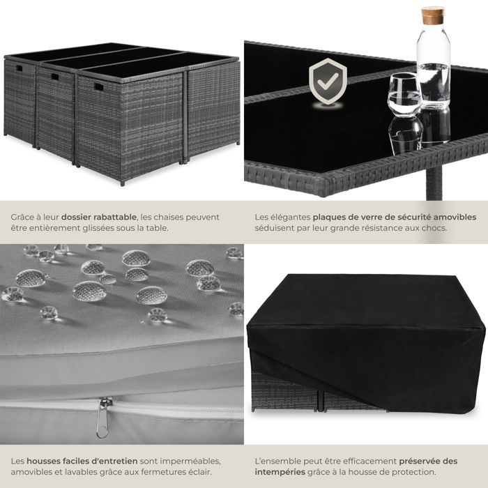 Salon de jardin - TECTAKE - Ensemble repas d'extérieur MALAGA 10 personnes pliable encastrable en rotin avec housse - Gris