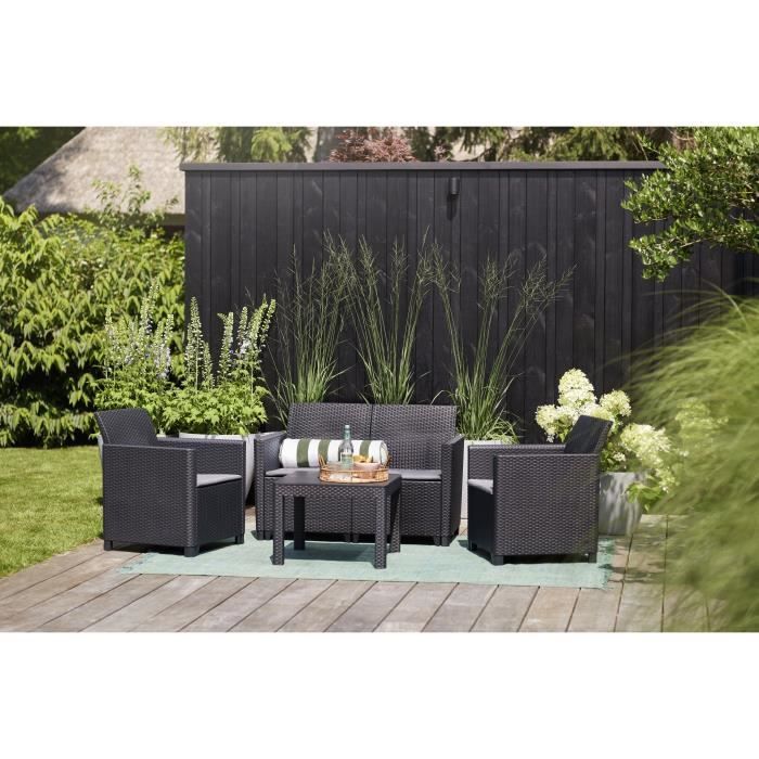 Salon de jardin en résine imitation rotin tressé - Noir - Avec table basse - KETER - 4 personnes - MARIE