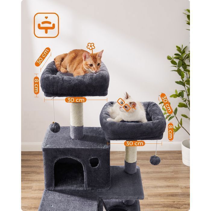 FEANDREA Cat Tree, Large Play Tower, 168cm High, 13 Scratching Posts, 1 Scratching Board, 2 Platforms, 2 Caves, Dark Grey