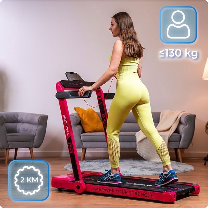 Tapis roulant pieghevole THUNDER® RACE-PINK | Velocità regolabile 1-14 km/h | App Bluetooth | Peso massimo supportato 130 kg | Display a LED | Rosa
