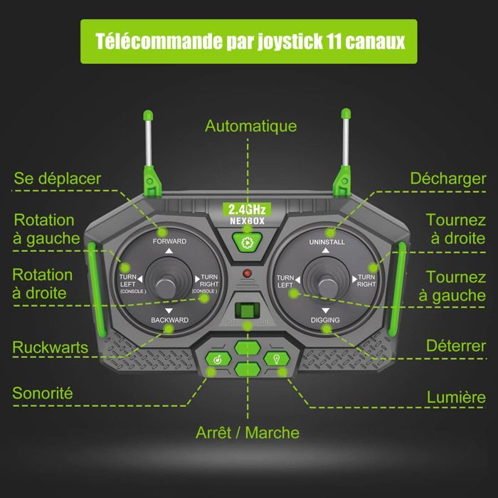 Excavatrice télécommandée 2.4GHz - Pelle métallique, rotation 680°, lumières et sons, pour enfants dès 3 ans