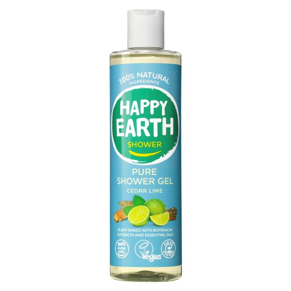 Gel douche 100 % naturel Happy Earth au cèdre et au citron vert<br>300 ml