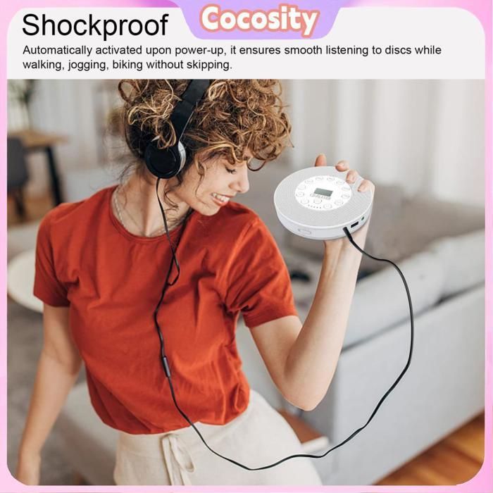 Reproductor de CD recargable Cocosity, reproductor de CD portátil Bluetooth con altavoz, reproductor de CD anti-saltos para reproducción de música portátil, blanco/negro