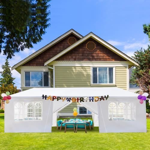 FCH 3x9M Pavillon-Partyzelt mit Fenstern, Gartenzelt, Sonnen- und Regenschutz, Weiß, 8-teiliger Stoff