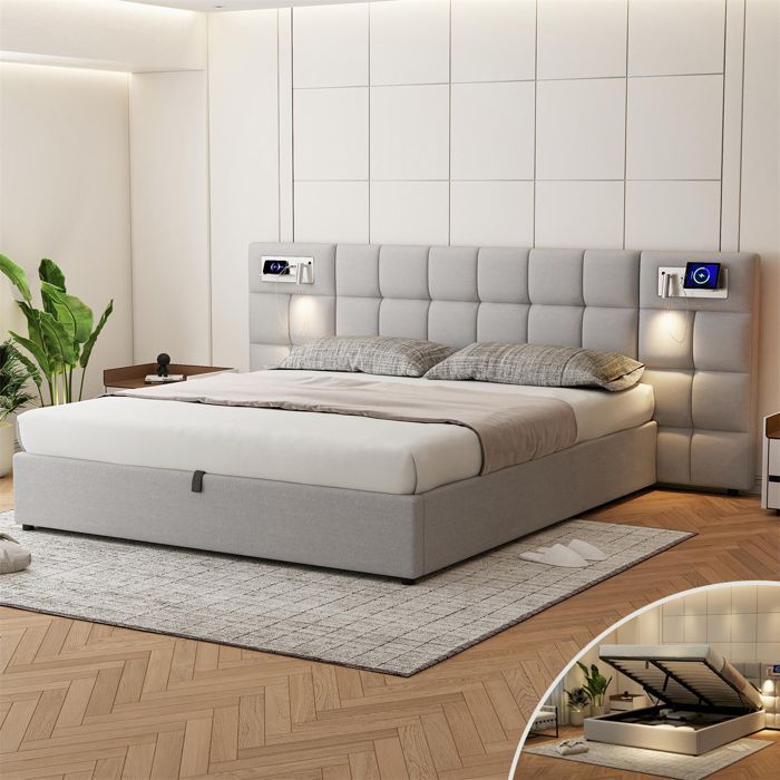 Cama de 180x200 con base de láminas y puerto USB, cama king size para 2 personas con almacenamiento, lámpara de lectura, cabecero largo, respaldo alto, lino, gris.