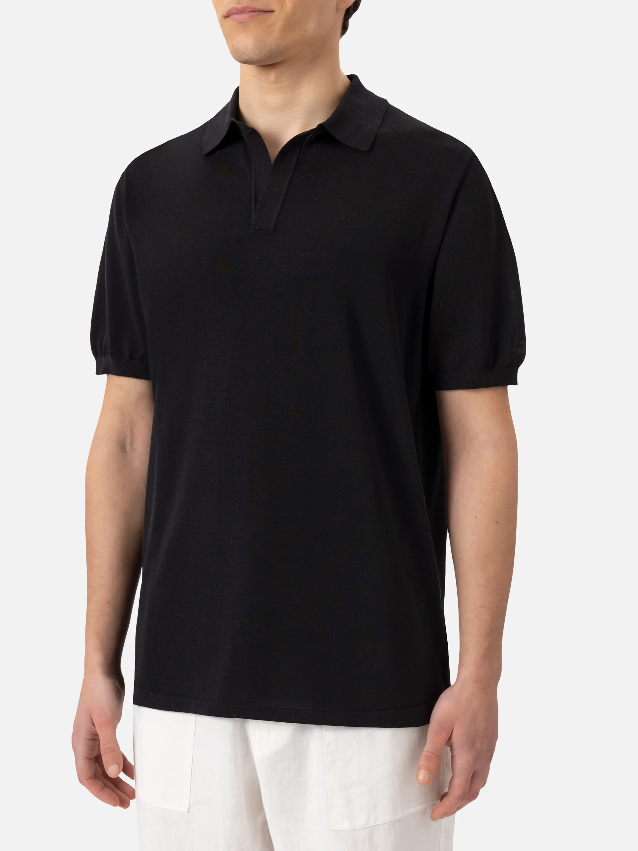 Sloan poloshirt in zwart gebreid zijde en katoen