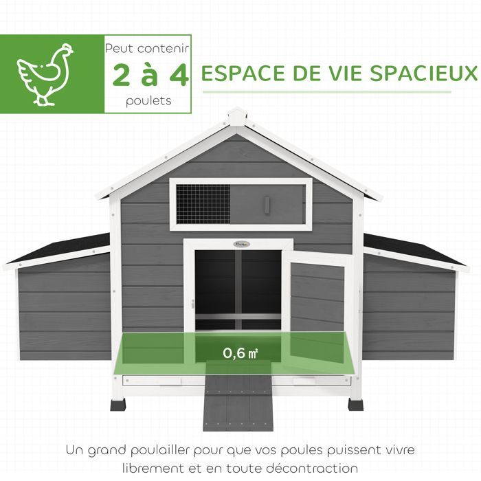 Poulailler - PawHut - pour 4 poules - pondoir, toit imperméable ouvrable, tiroir amovible - bois de sapin - 150x100x96,5cm - gris