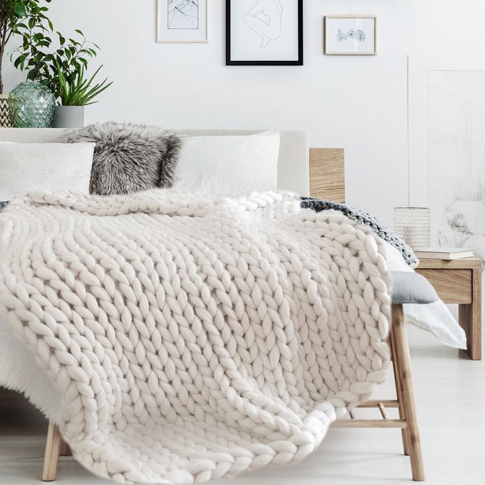 Plaid - Home Deco Factory - Grosse Maille Chunky - Ecru - 120 X 150 Cm