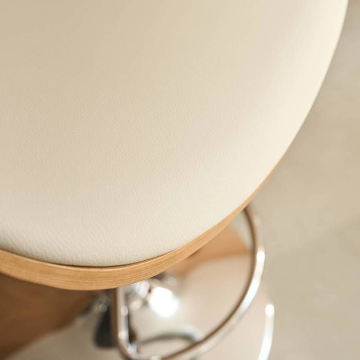 Lot de 2 tabourets de bar réglable décor bois courbé et simili cuir chêne. blanc et pieds chromés - L 53  P 51 x H 95-116cm -