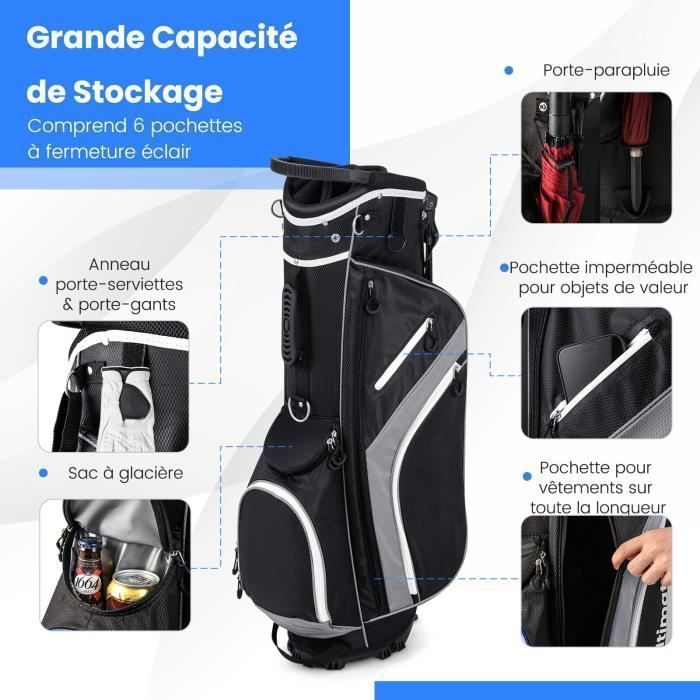 COSTWAY Tripod Golf Bag - Rainproof Hood - 14-Way Top Dividers - 6 Pockets - Insulated Bag - Double Straps - Grey