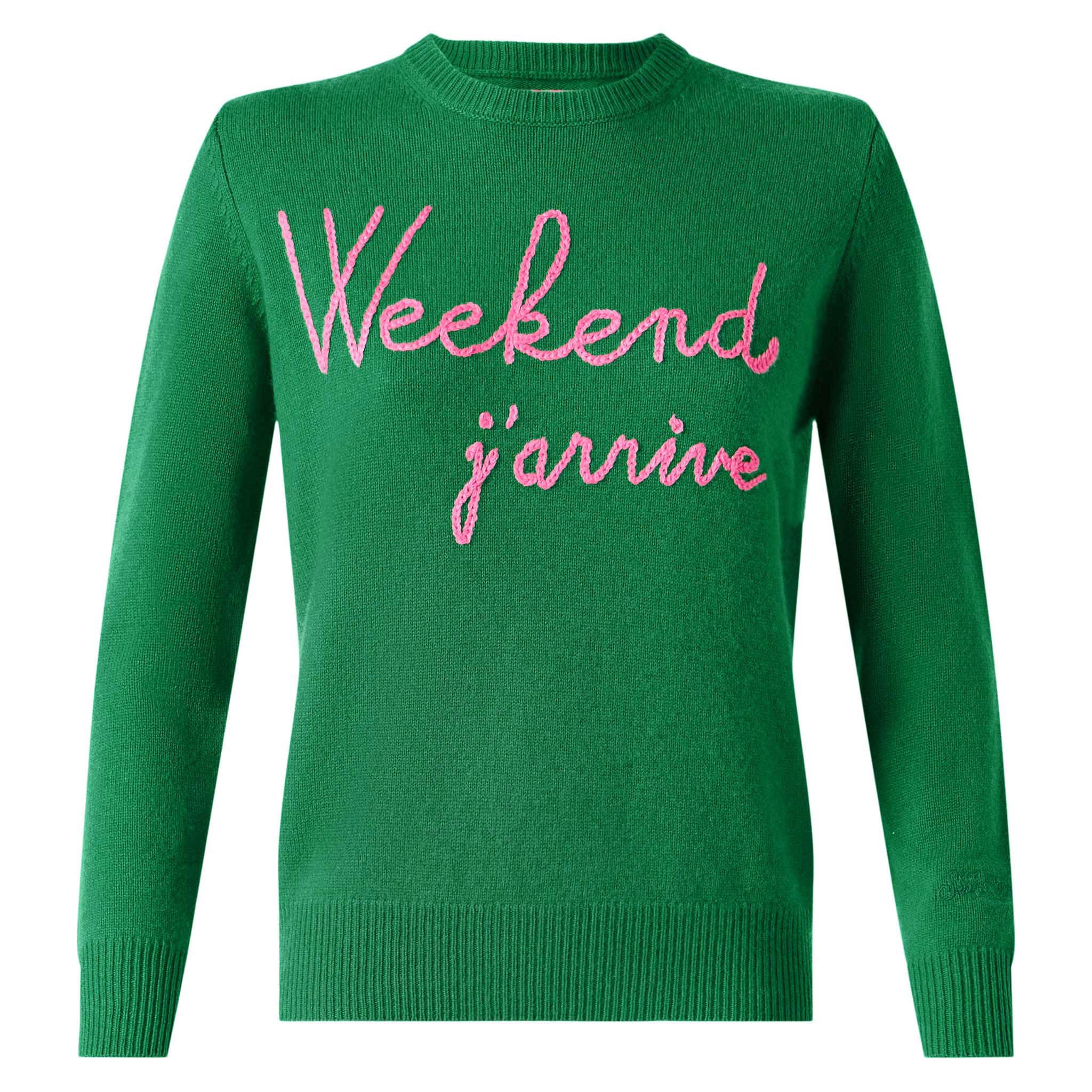 Maglione verde con ricamo Weekend j'arrive rosa fluo