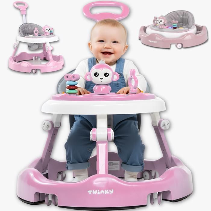 Girello Twinky® 3 in 1 | Rosa | Girello di lusso e convertibile | Monopattino, tappetino poggiapiedi e maniglione | Primi passi divertenti