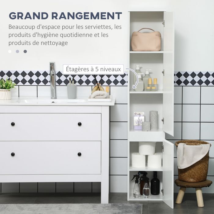 Bathroom storage column unit - Kleankin - 2 cupboards, 3 adjustable shelves - wood - 30x28x152.5cm - white