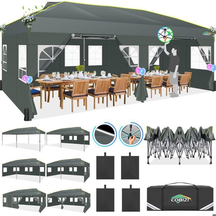 Tonnelle Pliante 3x6, Tonnelle de Jardin Exterieur, Imperméable Tente de Reception avec 6 Panneaux Latéraux，gris