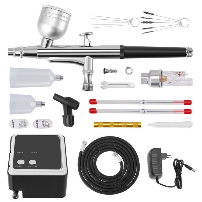 Kit aérographe avec compresseur d'air 36PSI, Double Action avec 3 buses de 0,2, 0,3 et 0,5 mm, pour Miniatures/Nail Art/Gâteaux