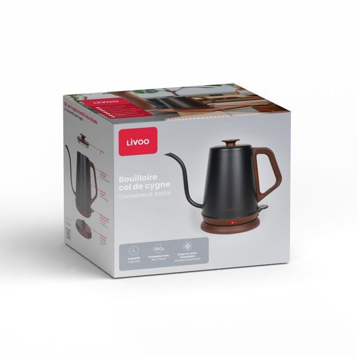 Bouilloire col de cygne - LIVOO - DOD206 - 1360 W -1 L - Socle 360° - Noir / Marron