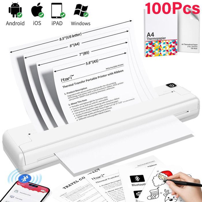 Imprimante Thermique avec Papier 100Pcs A4 210 x 297 mm, Imprimante Bluetooth, Compatible avec Android et iOS Imprimante Portable