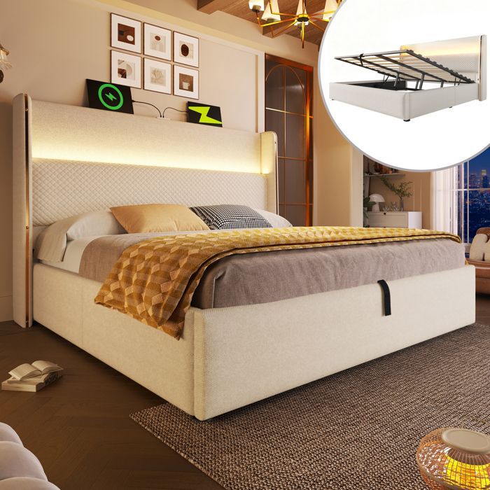 Letto matrimoniale imbottito 160 x 200 cm con illuminazione a LED. Letto contenitore con vani portaoggetti e porte USB e Type-C. Effetto lino, beige.