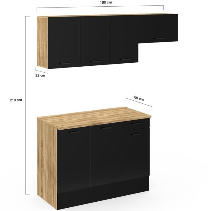 IDMARKET Cuisine complète 180 cm SUBTIL avec plan de travail 5 éléments bois et noir