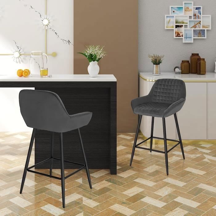 Taburetes altos de bar WOLTU Design, juego de 4 taburetes de bar de terciopelo, estructura metálica, gris oscuro W0ATT0038-4