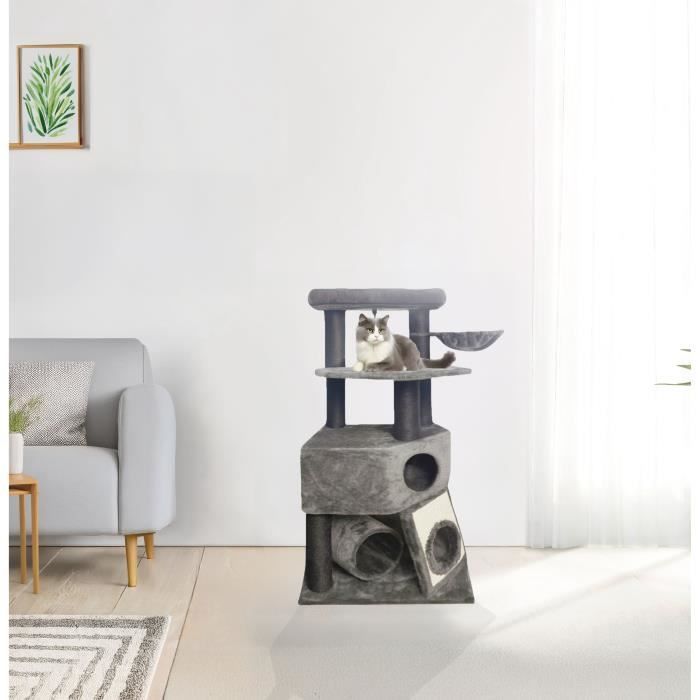 GUILY Stabiele Krabpaal - Ideaal voor middelgrote katten - 50 x 50 x 141 cm - Donkergrijs - 2 platforms, 1 zitplaats, 1 kattenhuisje, 1 helling